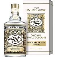 Clear glass bottle with ornate gold label, "4711 Jasmine Eau De Cologne 100ml," next to matching box.