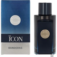 Dark blue rectangular bottle of A. Banderas The Icon Eau de Toilette, silver emblem, with matching blue and silver box.