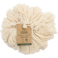 Cream-colored organic cotton bath puff with a natural texture and branded tag.