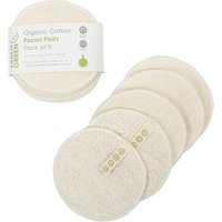 Beige organic cotton reusable facial pads, round, textured, in a pack of 5 with A Slice of Green branding.