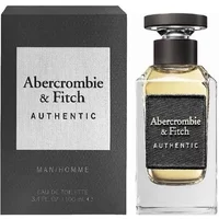 Clear glass bottle with black cap, label reads "Abercrombie & Fitch Authentic," next to matching black box.