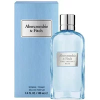 Clear glass bottle with silver cap, blue liquid, and Abercrombie & Fitch label, next to matching blue box.