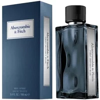 Blue glass bottle of Abercrombie & Fitch First Instinct Blue Eau De Toilette, 100ml, with matching blue box.