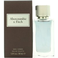Clear glass bottle with silver cap, light blue liquid, next to brown box labeled "Abercrombie & Fitch Eau de Toilette."