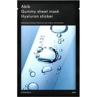 Black Abib sheet mask packet with water droplets design, labeled "Gummy Sheet Mask Hyaluron Sticker 27 ml."