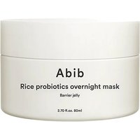 White jar of Abib Rice Probiotics Overnight Mask, minimalist design with black text, 20 ml size.