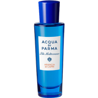 Blue cylindrical bottle of Acqua di Parma Blu Mediterraneo Arancia di Capri with white label and blue cap.