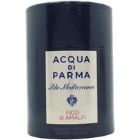 Dark blue cylindrical candle with Acqua di Parma label, featuring Blu Mediterraneo Fico di Amalfi text.