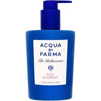 Blue Acqua Di Parma hand and body lotion bottle with pump, white label, and "Fico Di Amalfi" text.