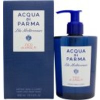 Blue Acqua di Parma hand and body wash bottle with pump, 300ml, next to matching box with white label.