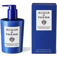 Blue Acqua Di Parma hand and body lotion bottle with pump, next to matching box, labeled "Mandarino Di Sicilia" 300ml.