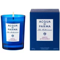 Blue glass candle with white label, next to matching blue box, "Acqua Di Parma Blu Mediterraneo Mirto Di Panarea" text.