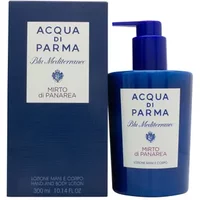 Blue Acqua Di Parma hand and body lotion bottle with pump, next to matching box, labeled "Mirto Di Panarea."