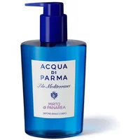 Blue Acqua Di Parma hand and body wash bottle with pump, white label, and "Mirto Di Panarea" text.