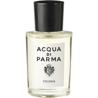 Clear glass bottle with black cap, labeled "Acqua di Parma Colonia," containing 50ml Eau de Cologne spray.