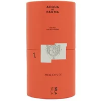 Orange cylindrical bottle of Acqua Di Parma Colonia by Samuel Ross, 100ml, with minimalist design and silver logo.