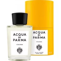 Clear glass bottle with black cap, white label "Acqua Di Parma Colonia," next to yellow cylindrical box.