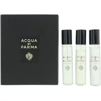 Black box with Acqua Di Parma logo, three clear perfume vials with black caps, each labeled with brand and emblem.