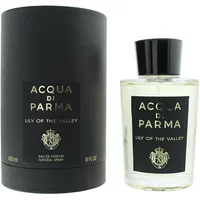 Acqua Di Parma Lily Of The Valley Eau De Parfum 180ml, clear bottle with black cap, black cylindrical box.