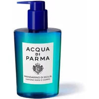 Blue pump bottle of Acqua Di Parma Mandarino Di Sicilia Hand And Body Wash, 300ml, with white label and logo.