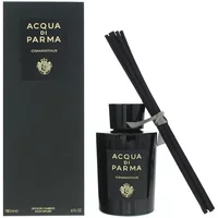Black Acqua Di Parma Osmanthus diffuser bottle with gold logo, black reeds, and matching black box.