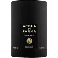 Black cylindrical bottle of Acqua Di Parma Oud & Spice Eau De Parfum, gold logo, 100ml, elegant design.