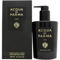 Black Acqua Di Parma Oud hand and body wash bottle with pump, gold text, and matching box, 300ml.