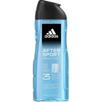 Adidas After Sport 3-In-1 Shower Gel, 400ml blue bottle with black cap and Adidas logo.