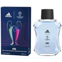Adidas Champions League Goal Eau De Toilette 100ml, blue bottle with black cap, next to colorful trophy box.