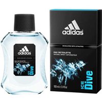 Adidas Ice Dive 100ml Eau De Toilette, clear bottle with black cap, blue accents, and black box packaging.