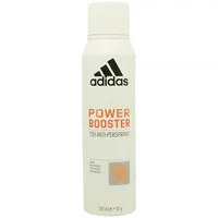 White Adidas Power Booster deodorant spray 150ml with black logo and orange text on cylindrical bottle.