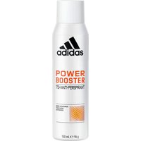 White Adidas Power Booster Women 72H Deo Spray, 150 ml, with black logo and orange text on a sleek cylindrical bottle.