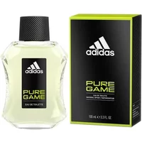 Adidas Pure Game Eau De Toilette 100ml, clear bottle with black cap, next to black and green box.