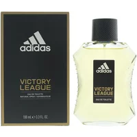 Adidas Victory League Eau De Toilette 100ml with black cap and angular clear bottle, box with gold text and logo.
