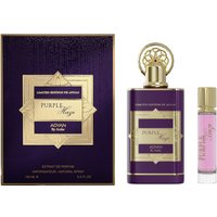 Adyan Purple Haze perfume in purple and gold bottle with ornate cap, includes matching travel decant and box.