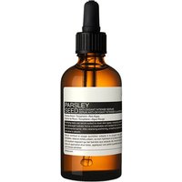 Amber glass bottle with dropper, labeled "Parsley Seed Anti-Oxidant Intense Serum" by Aesop, 60 ml.