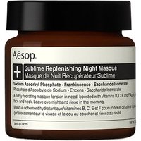 Amber jar of Aesop Sublime Replenishing Night Masque, 60 ml, with black screw cap and white label detailing ingredients.