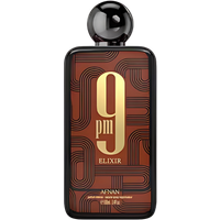 Afnan 9 PM Elixir perfume, 100ml, black bottle with bold gold text and geometric brown pattern.