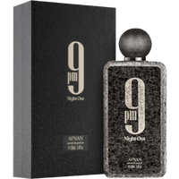 Afnan 9 PM Night Out perfume, 100 ml, black textured bottle with bold white text, matching black box.