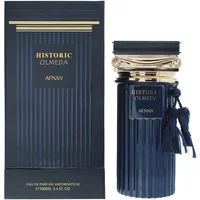 Navy blue Afnan Historic Olmeda Eau De Parfum 100ml with gold accents and tassel, next to matching box.