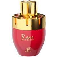 Red and gold Afnan Perfumes Rare Passion Eau de Parfum 100ml bottle with floral cap design.