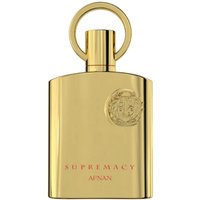 Gold Afnan Supremacy Gold Eau De Parfum 100 ml bottle with circular cap and embossed emblem.