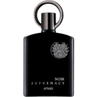 Black Afnan Supremacy Noir Eau de Parfum bottle with silver emblem and round cap, 100ml.