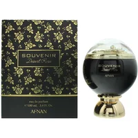 Afnan Souvenir Desert Rose Eau De Parfum 100ml, black spherical bottle with gold base, floral-patterned box.