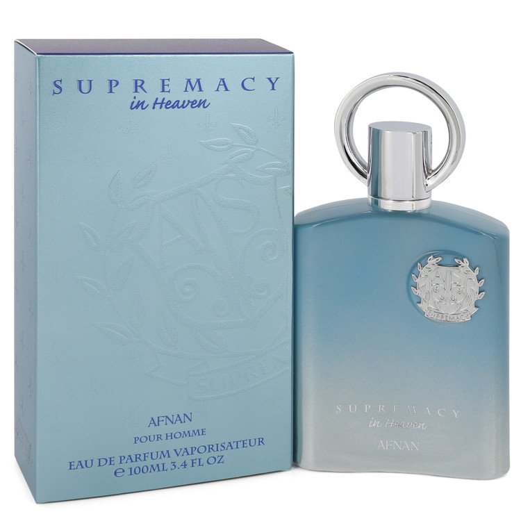 A blue gradient bottle with a silver cap and emblem, alongside a matching box, labeled "Supremacy in Heaven" by Afnan, 3.4 oz Eau De Parfum for men.