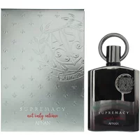 Afnan Supremacy Not Only Intense Extrait De Parfum 100ml, black bottle with silver emblem and matching embossed box.