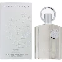 Afnan Supremacy Silver Pour Homme Eau De Parfum 100ml, sleek silver bottle with embossed logo and circular cap.