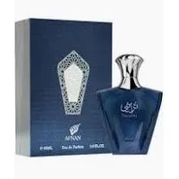 Afnan Turathi Blue Eau De Parfum 90ml, dark blue bottle with silver cap, ornate box with geometric design.