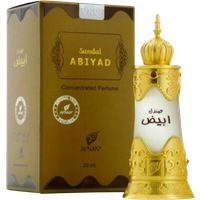 Afnan Sandal Abiyad perfume oil in ornate gold and white bottle with a crown-shaped cap, next to a brown box.