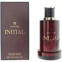 Aigner Initial Eau De Parfum 100ml in a sleek dark red bottle with gold accents and matching box.